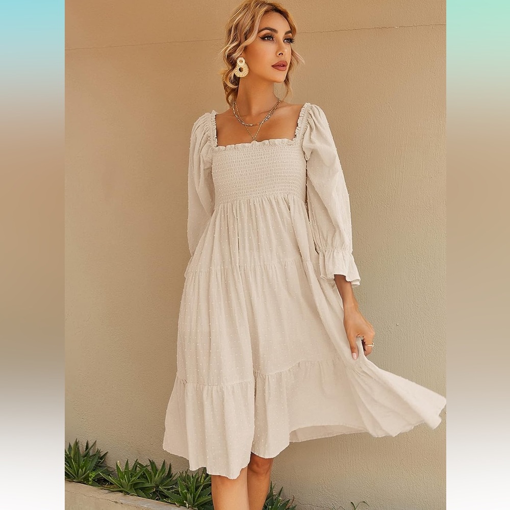 Women's Cotton Puff Sleeves Casual Off-Shoulder Boho Midi Dress